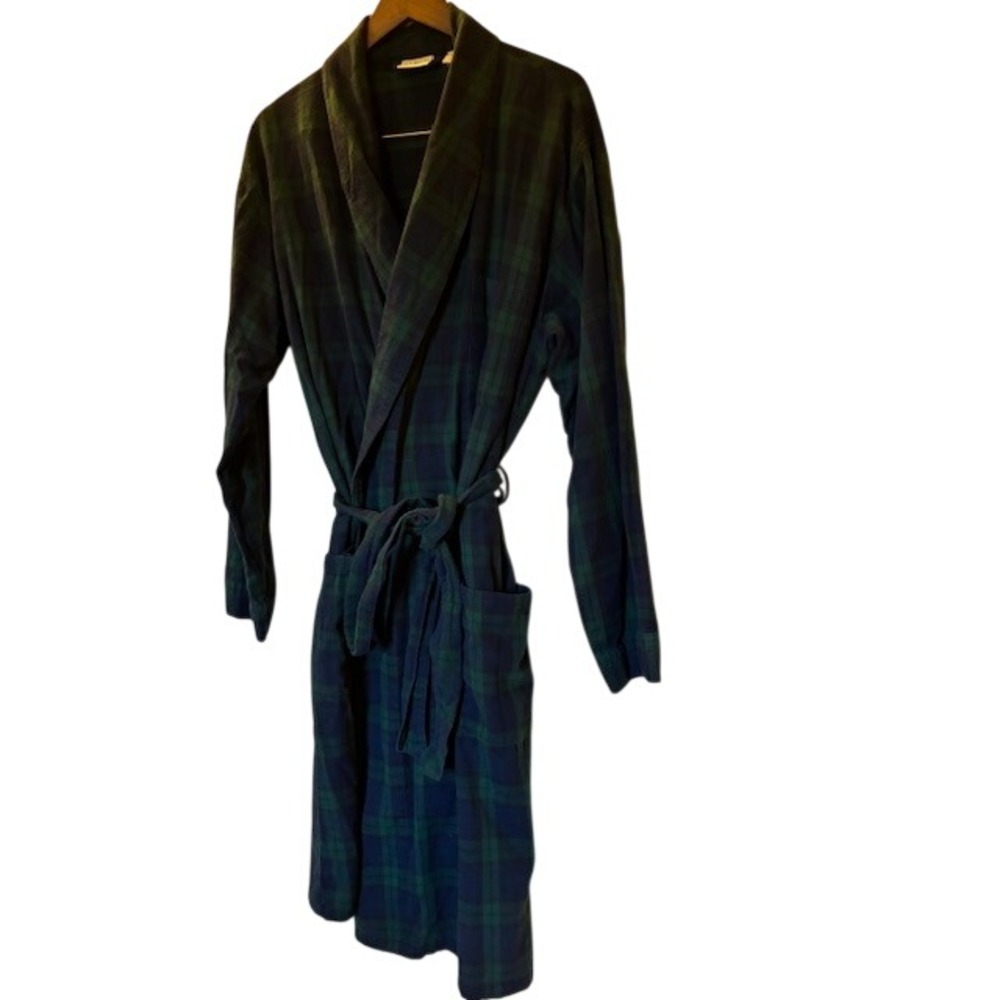 LL Bean Men's Flannel Robe Large Cotton Shawl Collar Navy Green Plaid